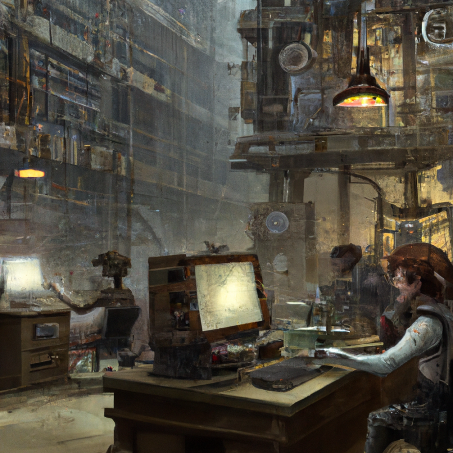 steampunk architecture, interior view of an office or newsroom with people working on computers furiously writing while looking over their shoulders with fear