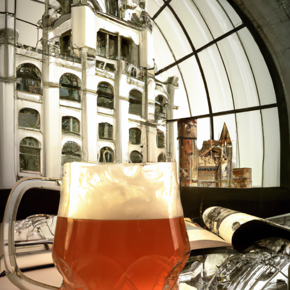steampunk style architecture, beer, brewery, interior view, award-winning architectural photography from magazine, drinking beer in the foreground
